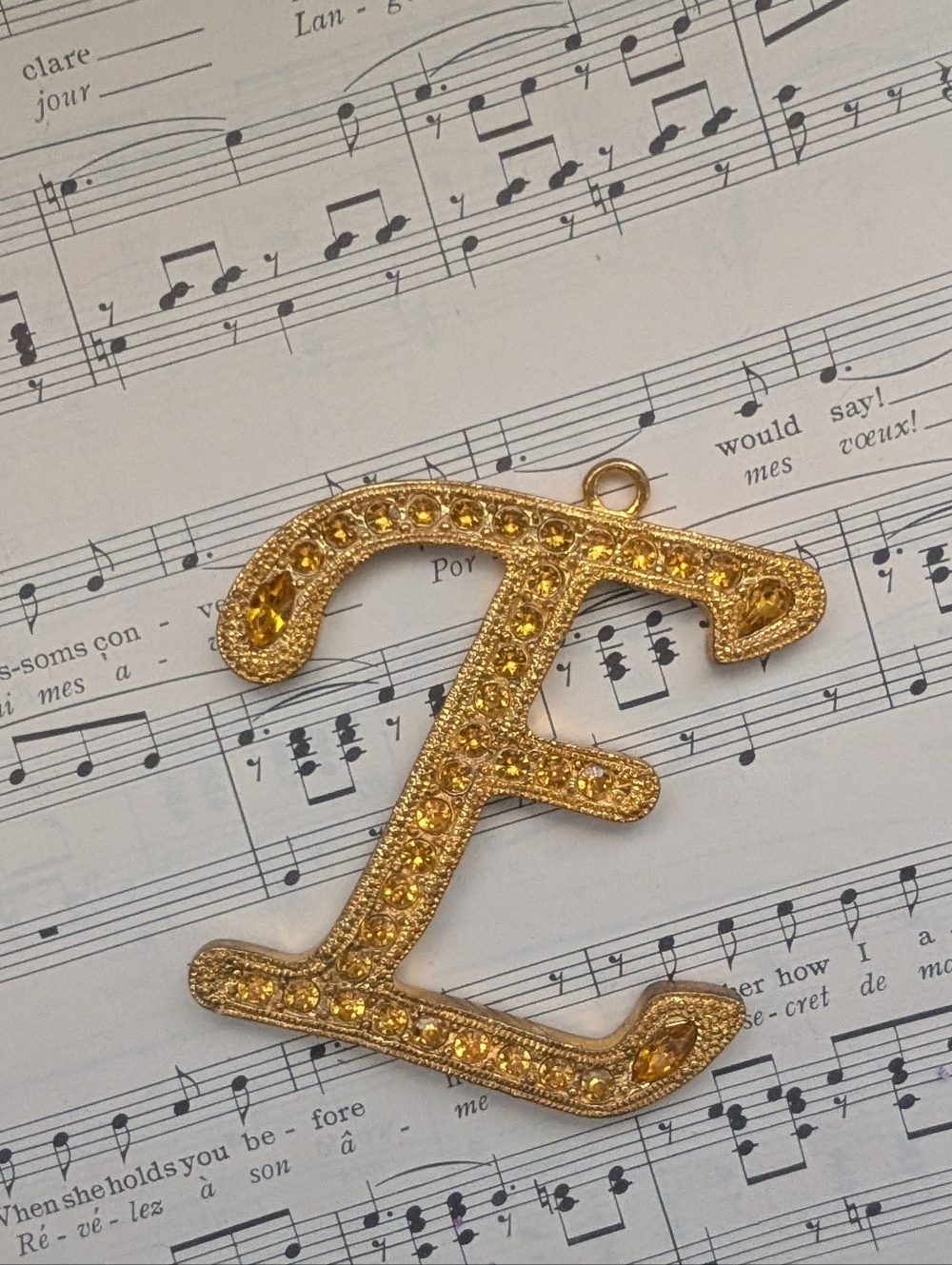 Gold Jeweled Letter 'E' Charm Pendant